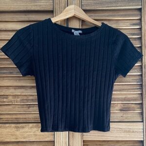 Black Ribbed Cropped Short Sleeve Top